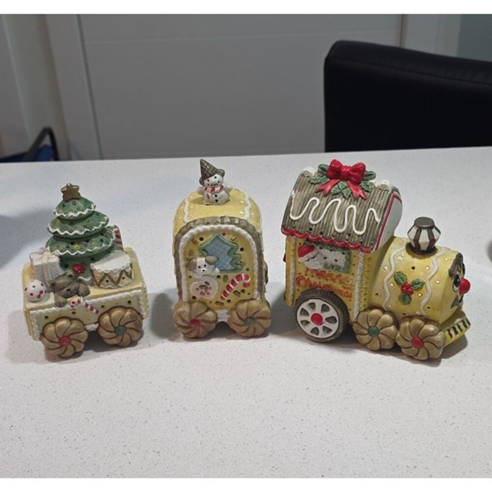 Christmas Gingerbread Train Figurines 3-Pack Hand Painted Ceramic Multicolor